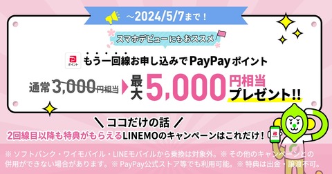 携帯電話サービス「LINEMO」にて「契約者向け！追加申込キャンペーン」が5月7日まで期間限定で特典増額！スマホプラン・ミニプランともに5千円相当付与