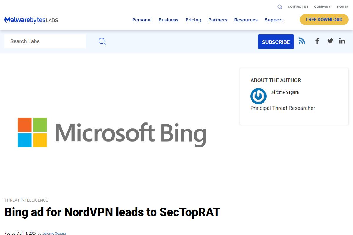 Bing検索から偽広告、NordVPNを装ったマルウェアに注意