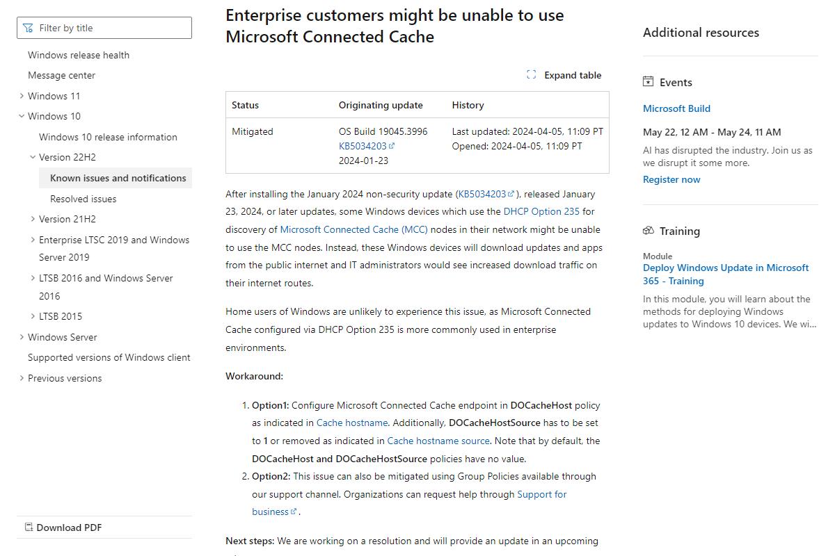 Windows更新プログラム適用でMicrosoft Connected Cacheが利用不能に