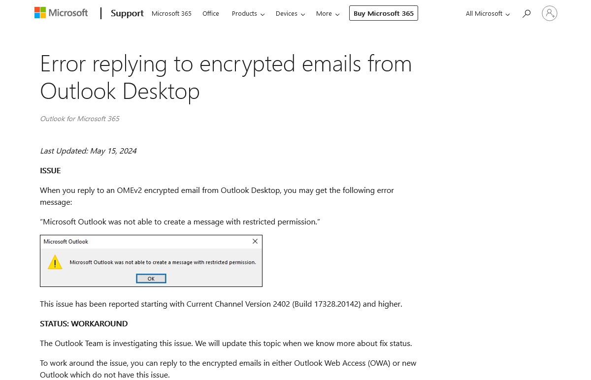 Outlookデスクトップから暗号化メールに返信できない問題の回避策