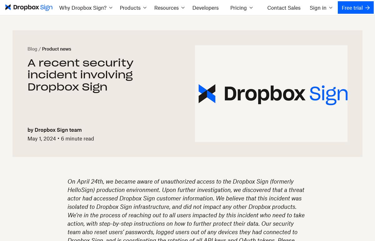「Dropbox Sign」に不正アクセス、顧客情報が窃取された可能性