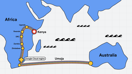 Googleがアフリカとオーストラリアを結ぶ初の光ケーブルルート計画「Umoja」を発表、ケニアから始まり陸上と海底を経由してオーストラリアに至る