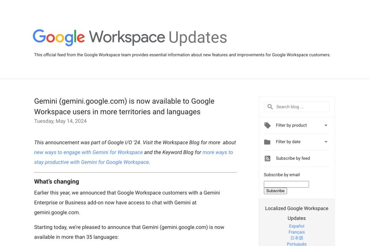 Gemini for Google Workspace、日本語を含む35以上の言語で利用可能に