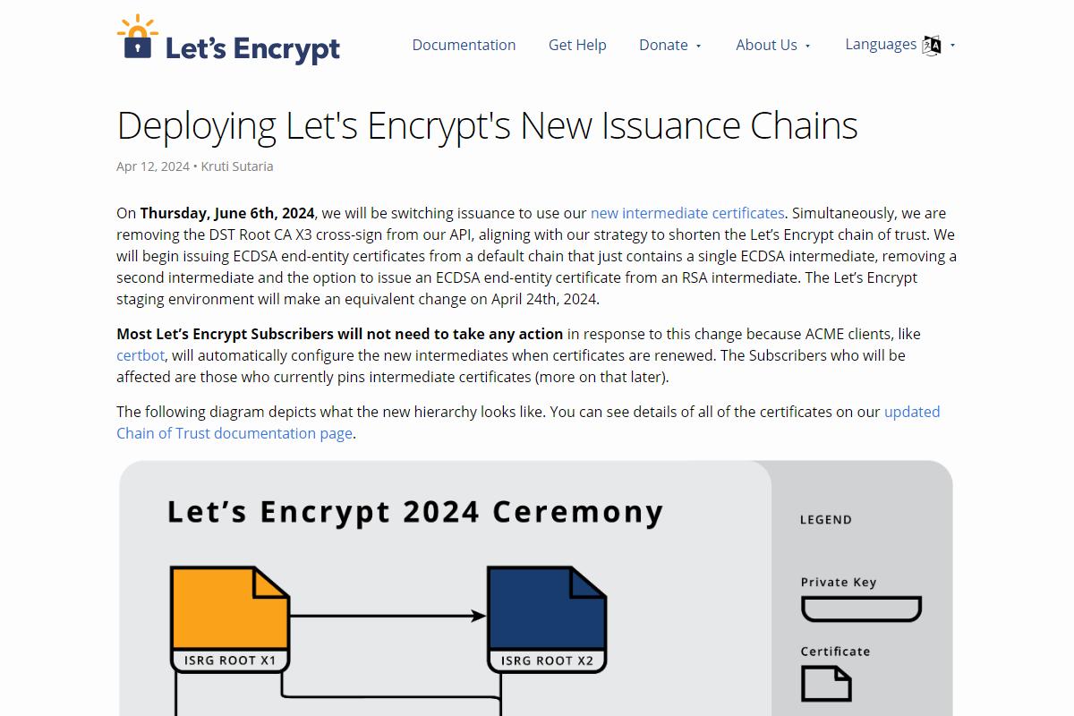 Let′s Encryptが6月6日に新しい中間証明書に移行、これから毎年切り替え