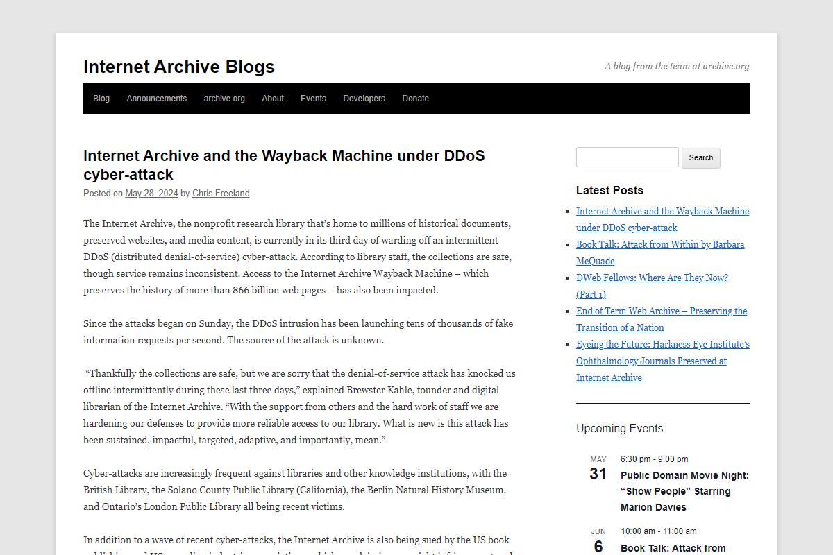 Internet Archiveに進行中のDDoS攻撃、サービスは不安定だが蔵書は無事