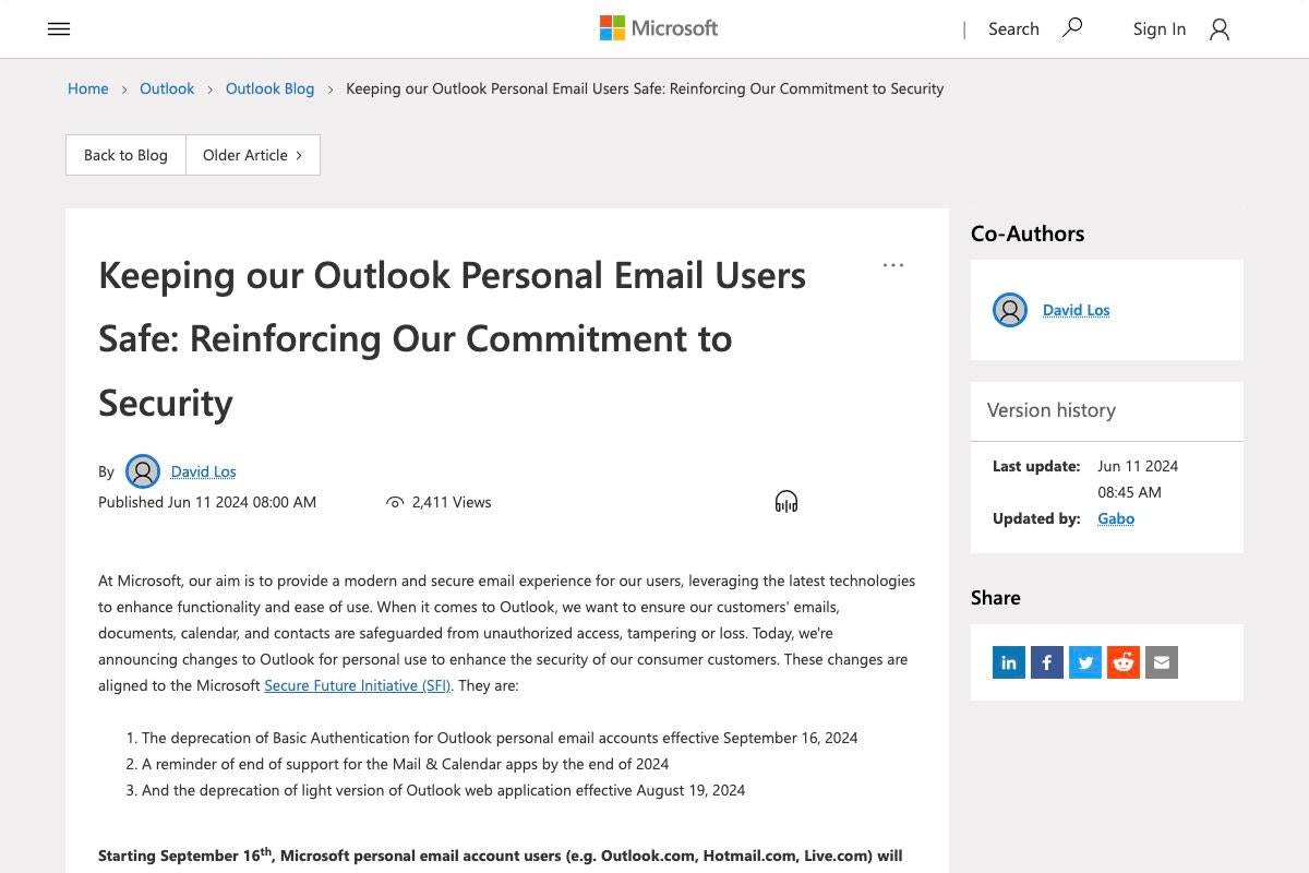 Outlook、9月16日より個人メールアカウントのベーシック認証を廃止
