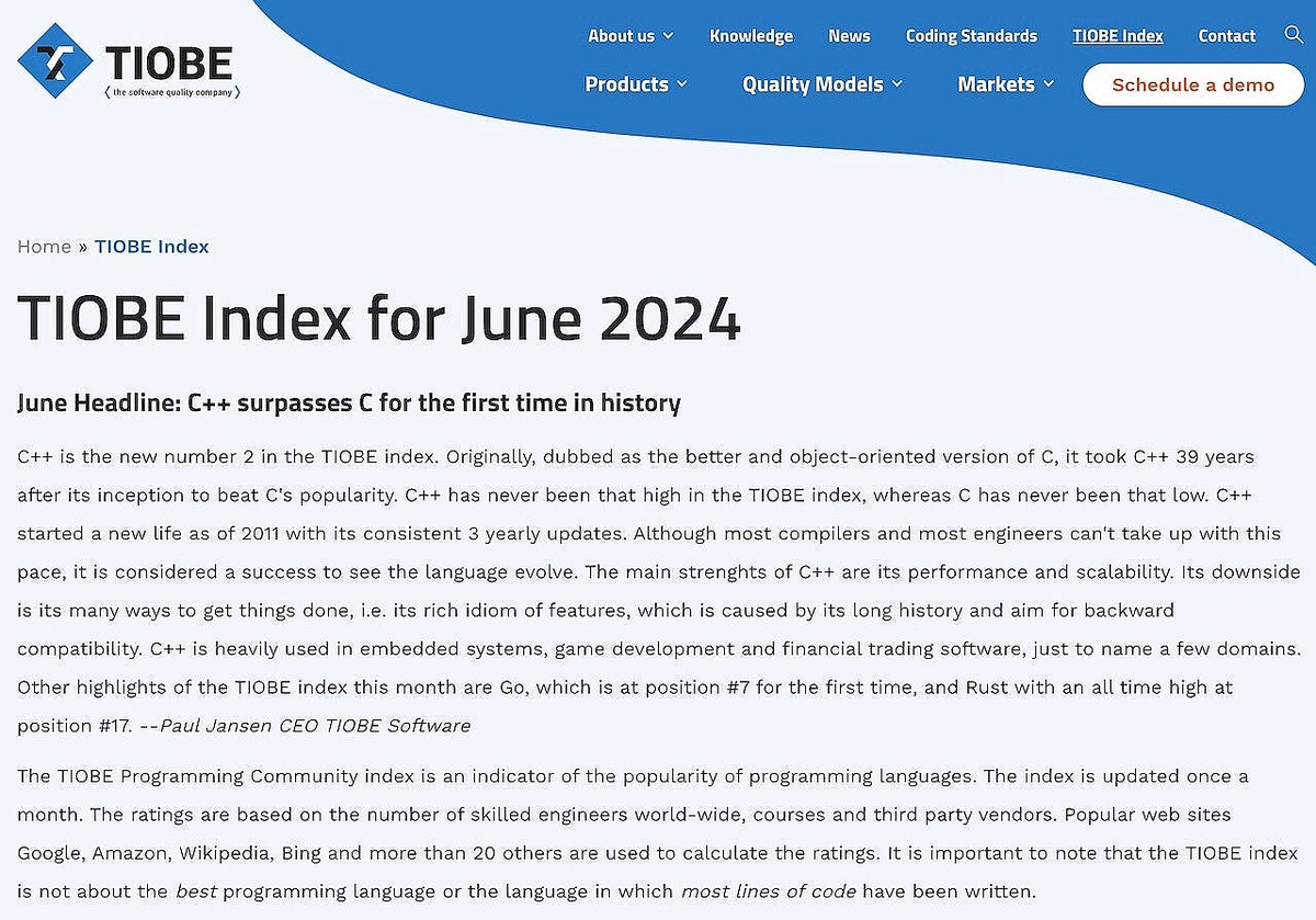 C++が2位に浮上、TIOBEプログラミング言語ランキング