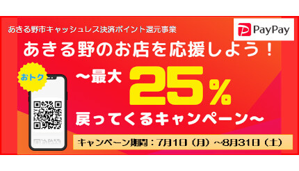 あきる野市と檜原村でポイント還元キャンペーン、7月1日から