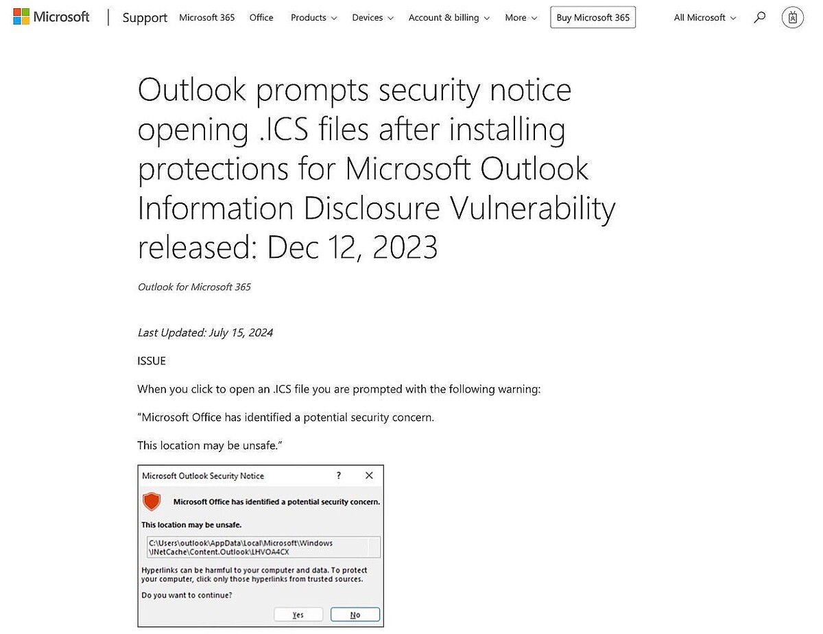 Microsoft、Outlookが誤ったセキュリティ通知を表示する問題修正