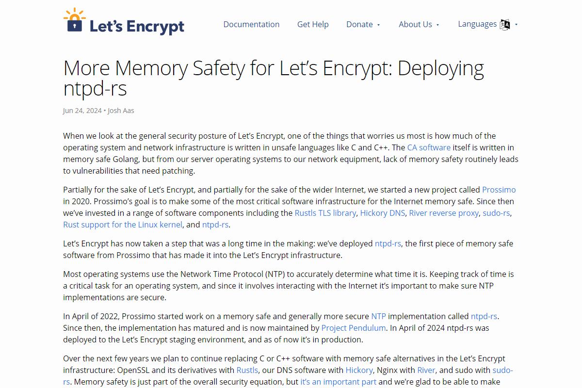 Let′s Encryptが「ntpd-rs」導入、メモリセーフへ移行を進める