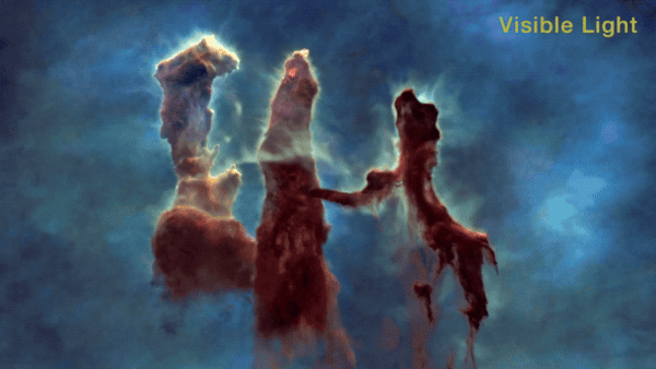 宇宙にそり立つ「創造の柱」の3D映像。まるで星雲の中を飛ぶよう