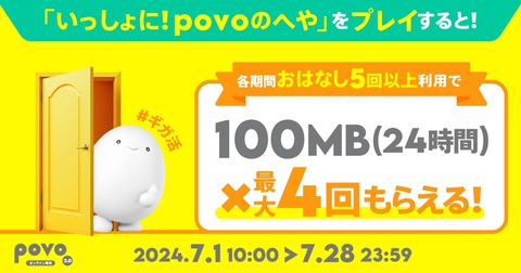 携帯電話サービス「povo2.0」にてオリジナル育成ゲーム「いっしょに！povoのへや」の利用でデータ追加100MB（24時間）が最大4回もらえる