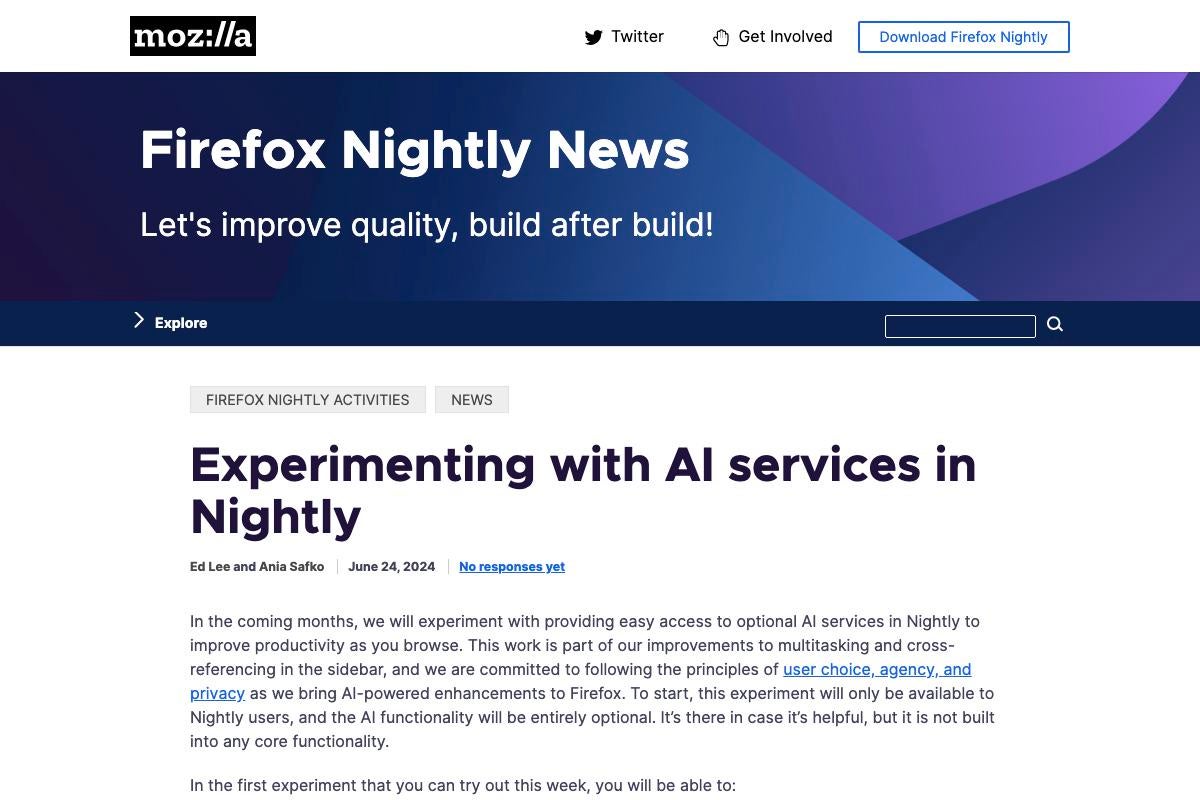 Mozilla、Firefox NightlyでAIサービスの利用実験を開始