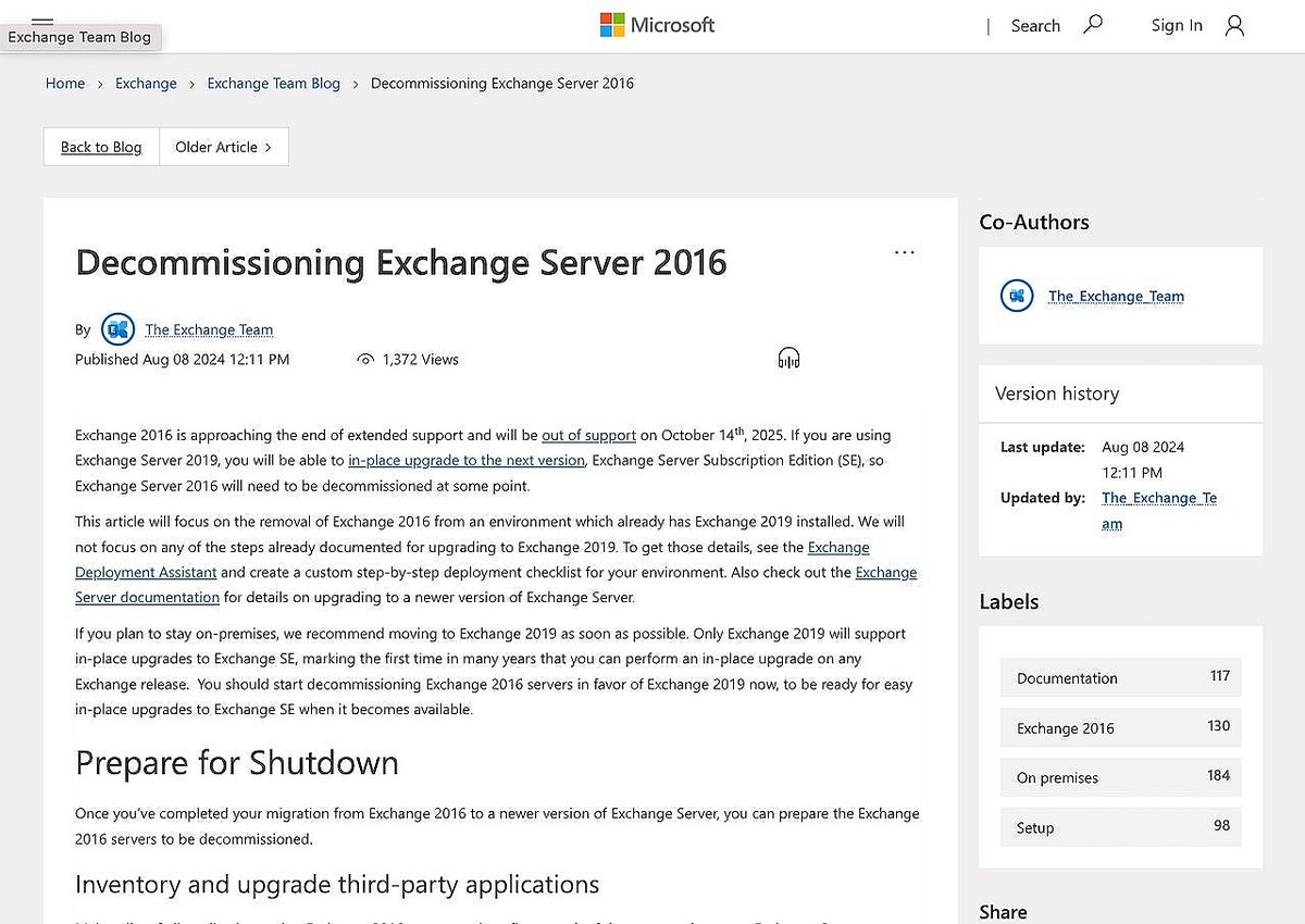 Microsoft、Exchange 2016の延長サポート終了に向けたガイダンスを公開