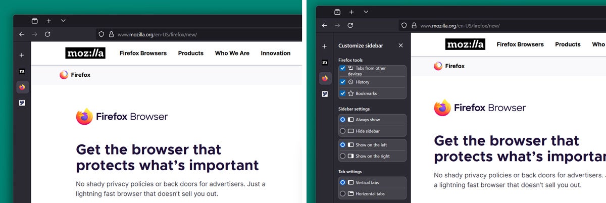 Firefox、サイドバーを刷新し、垂直タブ導入へ、Nightly版で体験可能に