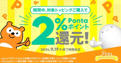 携帯電話サービス「povo2.0」にて対象トッピングの購入でPontaポイントを2％還元するキャンペーンが実施中！終了日は未定。データ専用プランは対象外