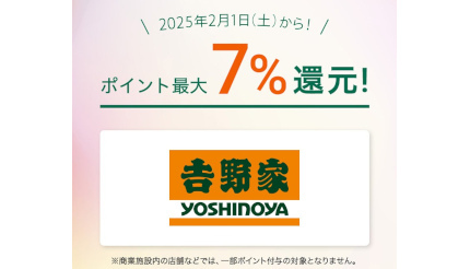 三井住友カード「対象のコンビニ・飲食店でポイント最大7％還元」の対象に「吉野家」が追加！