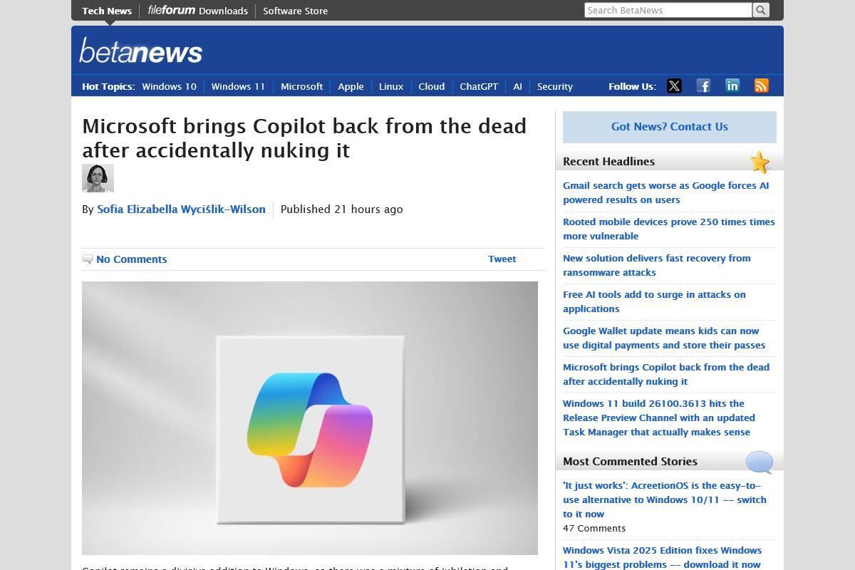 MicrosoftがCopilotをうっかり削除、すぐに復旧