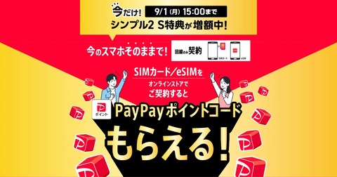 ワイモバイルオンラインストアにてシンプル2 SのSIMカード・eSIMのみを契約で特典が9月1日15時まで増額中!MNPだと1万円相当に